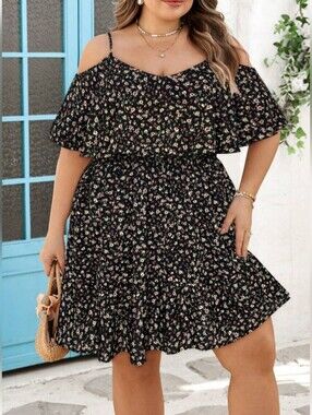 Amazon 4X Black Multi-Floral Cold-Shoulder Ruffle Mini Dress 3769-CW
